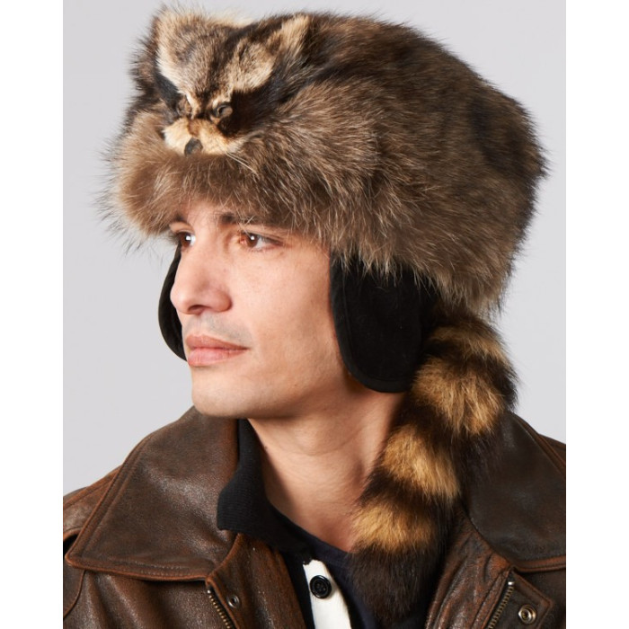 Raccoon Fur Coonskin Cap with Face for Men